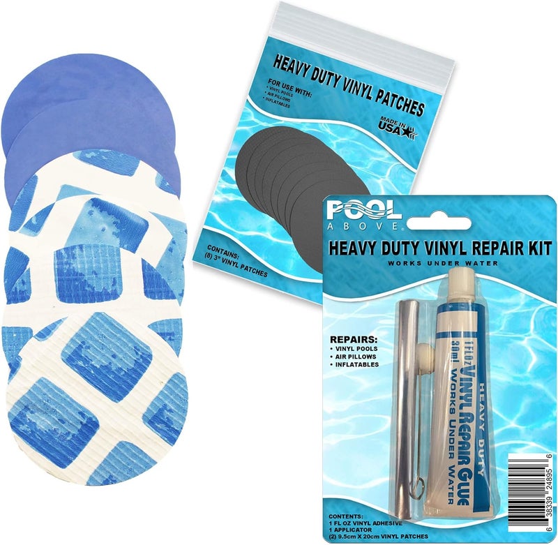 Pool Above All-in-One Repair Kit for Above-Ground Pools | Fast, Underwater-Capable Peel-and-Stick OR Adhesive Glue-Down Vinyl Patches & for Easy Set and Frame Pools Blue Glue On - Image 1